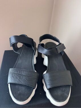 Sorel Black Sport Platform Sandals with White Sole